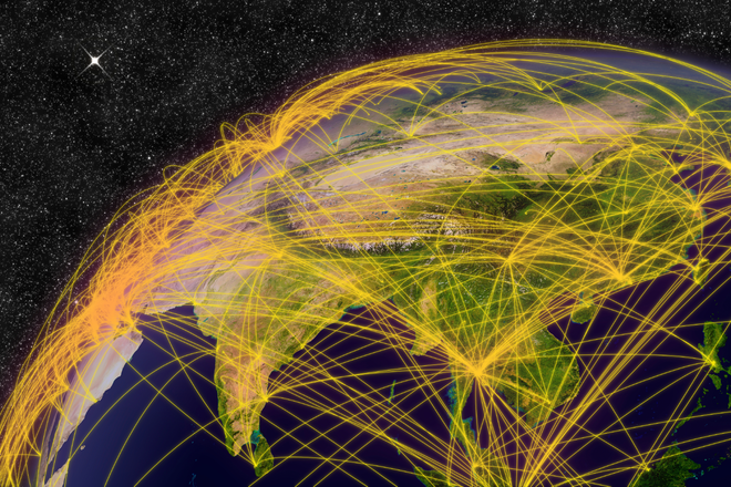 Yellow communication lines on a globe