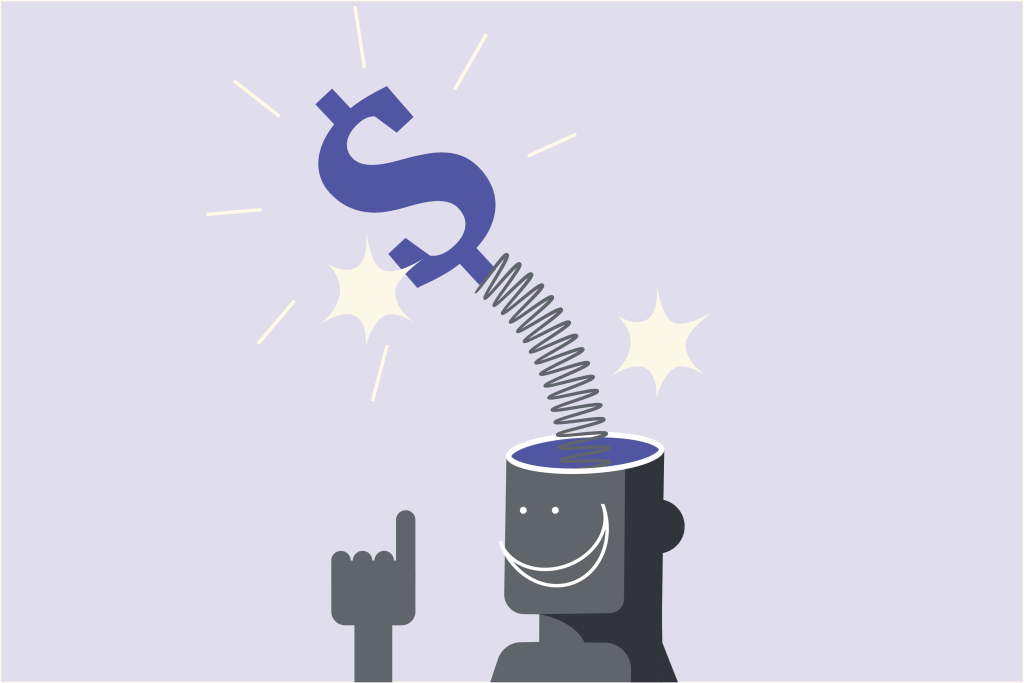 Illustration showing dollar symbol springing out of robot's head