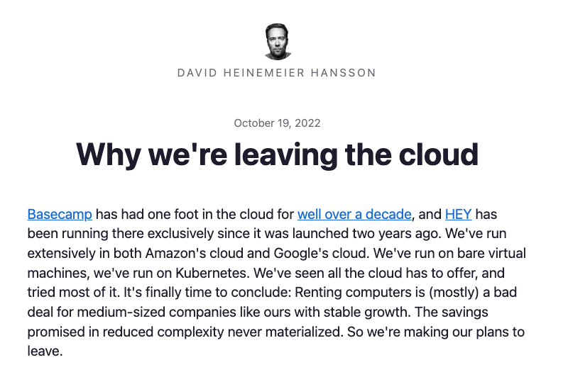 Basecamp says goodbye to public cloud in growing challenge to established narrative