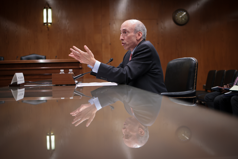 ecurities and Exchange Commission Chairmain Gary Gensler talks in a senate hearing