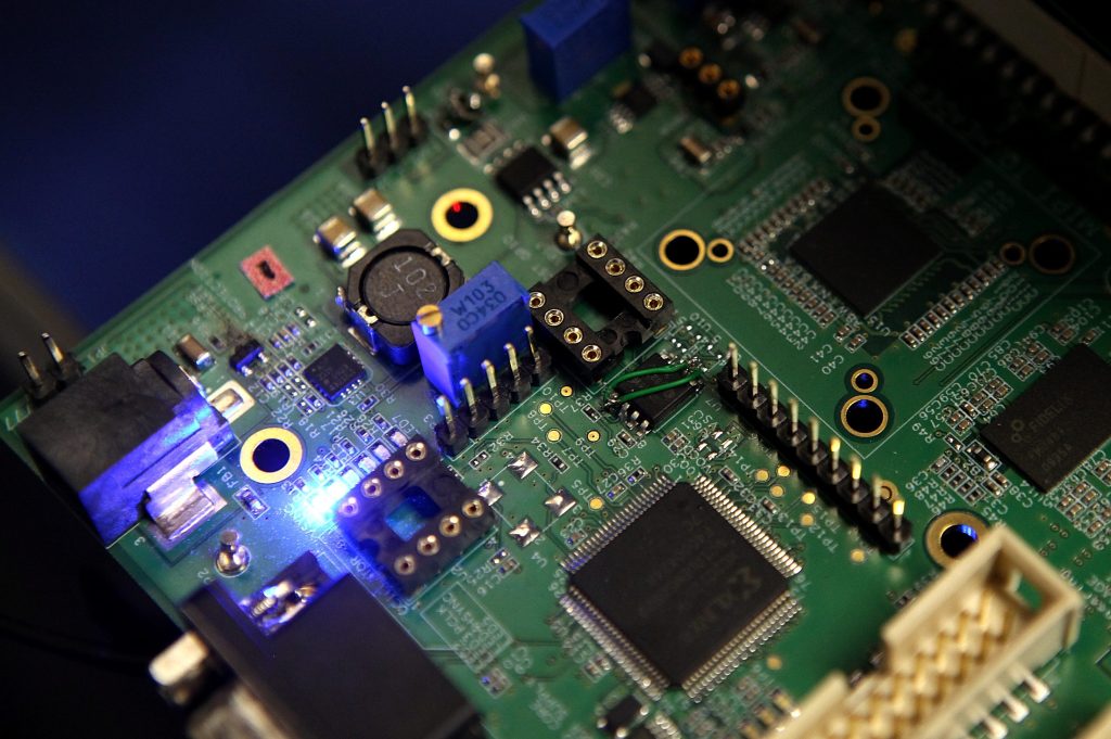 Picture of semiconductors on a computer's circuit board.