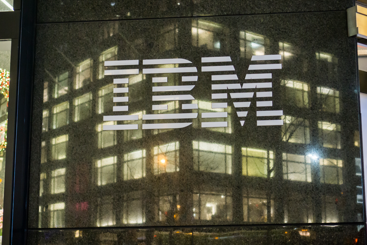 The IBM logo is seen on their building's headquarters in New York