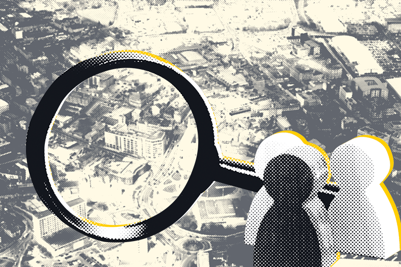 Montage of a magnifying glass overlooking a city