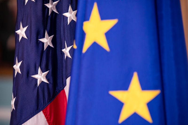 The European Union and United States flags on display