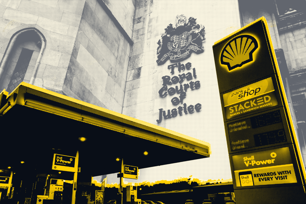 Montage of a Shell gas station and the Royal Courts of Justice