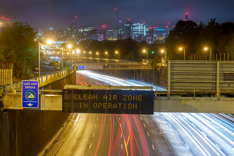 An illuminated sign on the A38m motorway warns drivers of vehicles that they are entering the Birmingham Clean Air Zone on October 19, 2023 in Birmingham, England