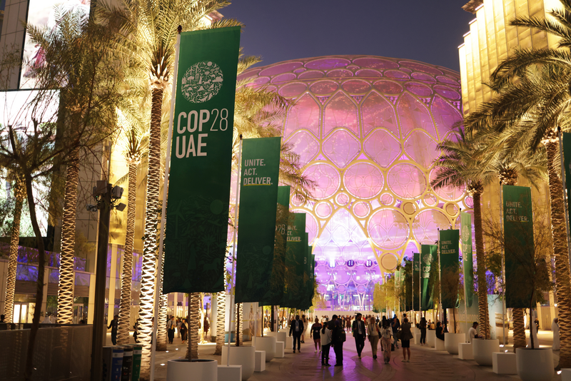 Participants attend day four at night of the UNFCCC COP28 Climate Conference at Expo City Dubai on December 03, 2023 in Dubai, United Arab Emirates