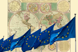 Montage of a world map with EU flags