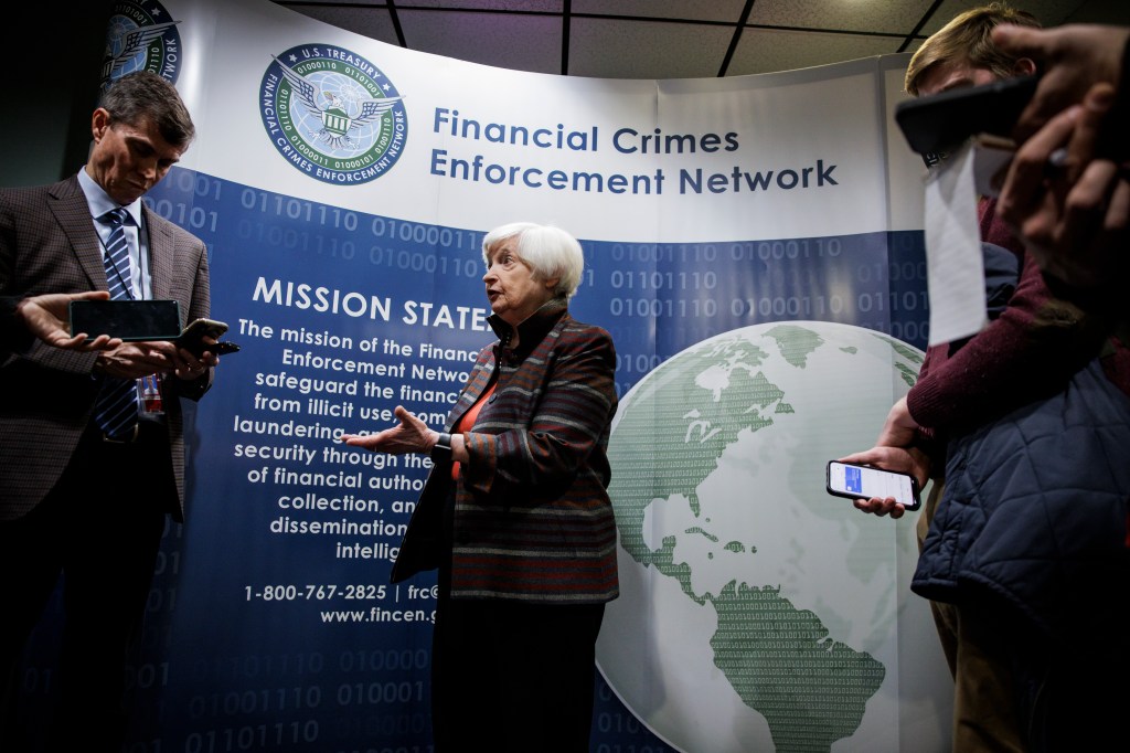 Image of US Treasury Secretary Yellen speaking at a FinCEN event.