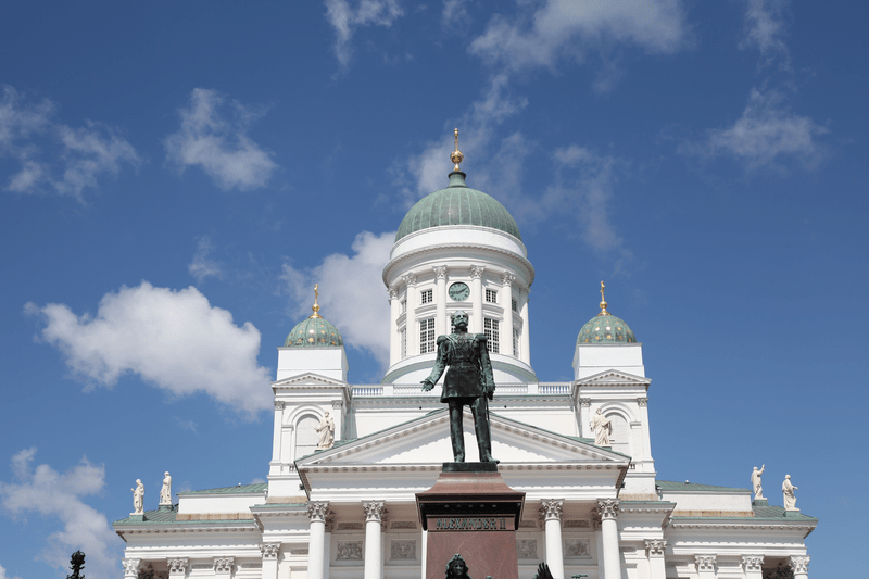 Lutheran Cathedral and the statue of Emperor Alexander II of Russia, Helsinki, Finland.