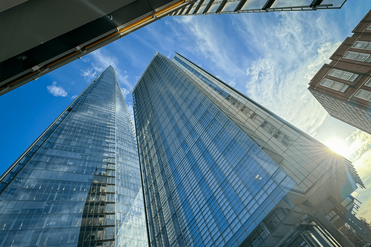 The Shard and surrounding buildings are viewed from the ground on October 24, 2023 in London, England