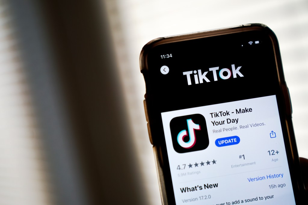 Image of a downloaded page for the TikTok app appears on an Apple iPhone.
