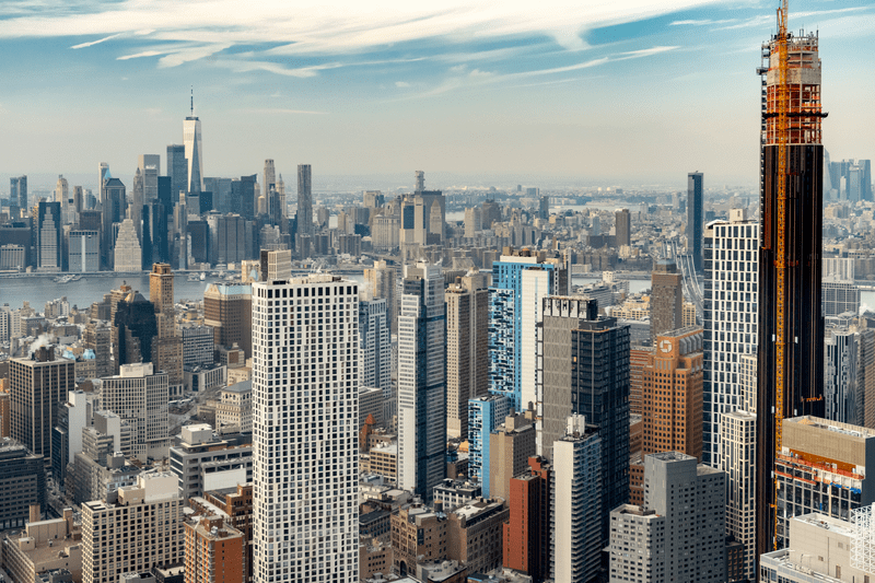 An aerial view of downtown Brooklyn looking toward lower Manhattan