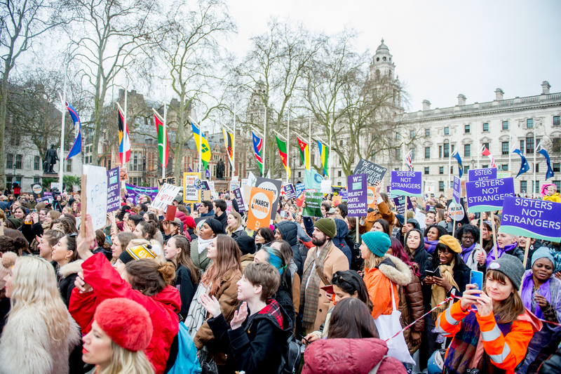Demonstrators march down Whitehall to Parliament during the London #March4Women 2020 a part of International Women's Day on March 8, 2020 in London
