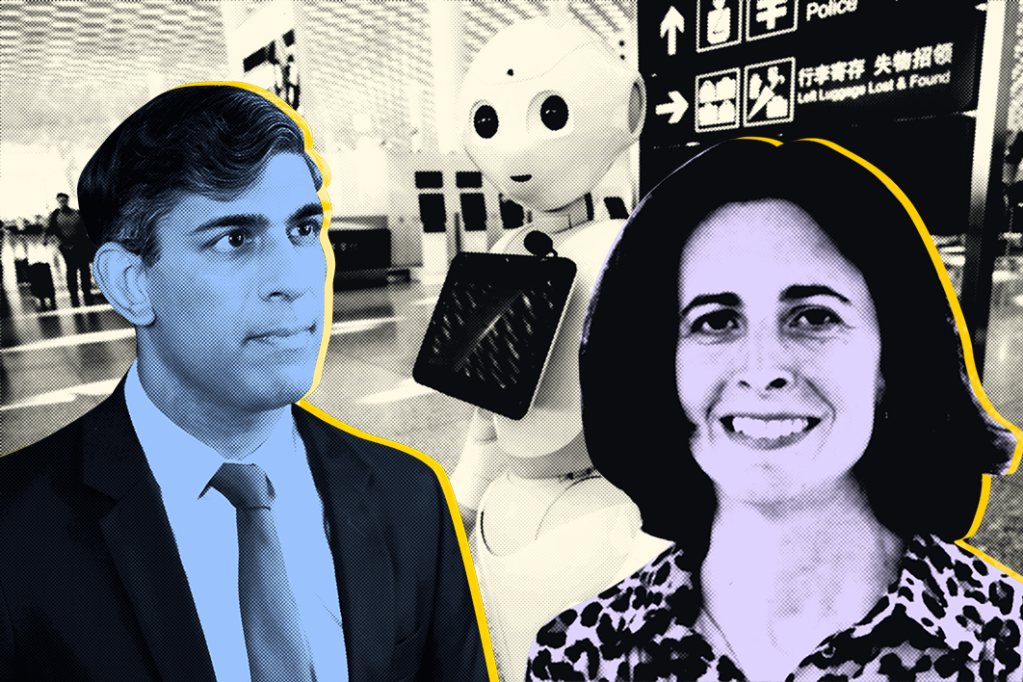Montage with Rishi Sunak, the CMA's CEO Sarah Cardell, and a robot in the background