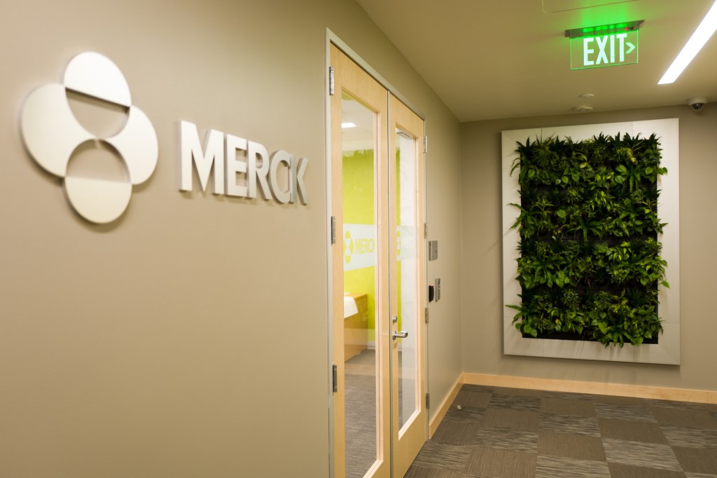 Image of a sign saying "Merck" inside a business.
