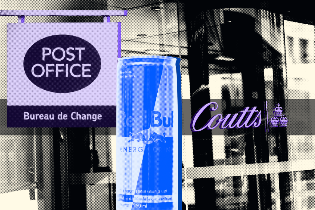 Montage of a Post Office sign, a Red Bull can, and the entrence to the Coutts office.
