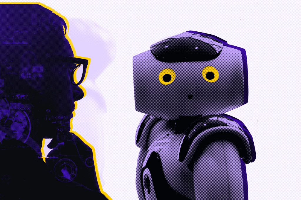 Montage with a person looking at a robot.