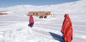 Local Hazara women walk across the snow November 18, 2003 to an old mosque destroyed by the Taliban, where Medecins Sans Frontieres has set up a mobile clinic in the Pasroia Valley in Bamiyan Province, Afghanistan.