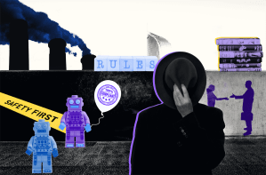 Montage with power plants with smoke, robots, a man in hat, books, shadows of a woman and man about to shake hands.