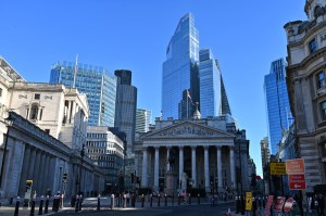Tower 42 (NatWest Tower), 22 Bishopsgate (also known as Horizon 22), 8 Bishopsgate (sometimes referred to as 'the Jenga') and 1 Leadenhall Street commercial skyscrapers are seen behind the Royal Exchange by the Bank of England at Bank on January 09, 2025 in London, England.