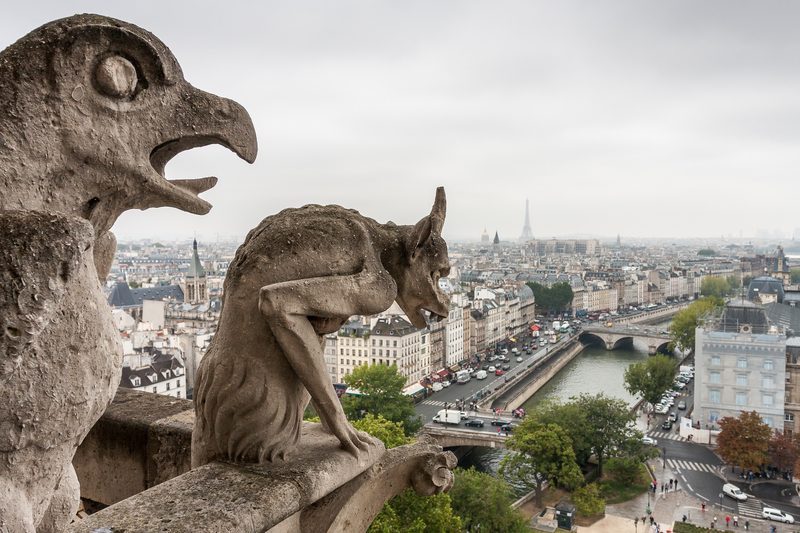 Gargoyles atop Notre Dame Cathedral, Paris, &Icirc;le-de-France, France in 2020.
