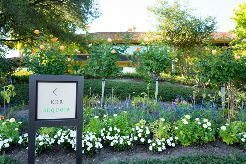 Signage for venture capital investment firms Sequoia Capital and Kohlberg Kravis Roberts (KKR), on Sand Hill Road in the Silicon Valley town of Menlo Park, California.
