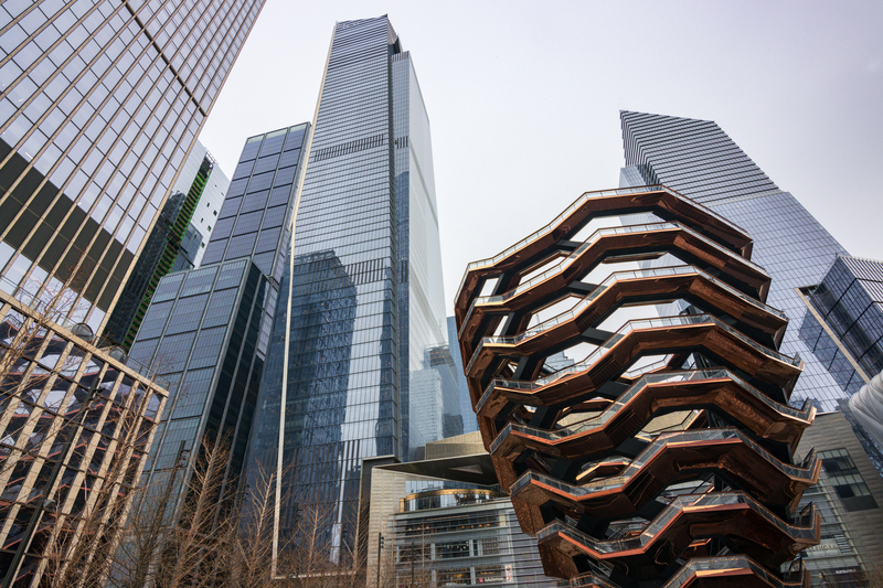 The Vessel and other buildings in Hudson Yards in New York City.