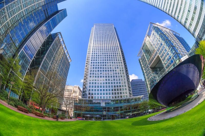 Canary Wharf, Citibank, Bank of America and HSBC Tower skyscrapers in Canada Square at London's Docklands.