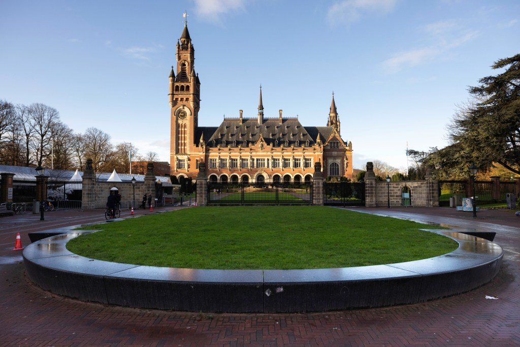 An exterior view of the International Court Of Justice on December 3, 2024 in The Hague, Netherlands.