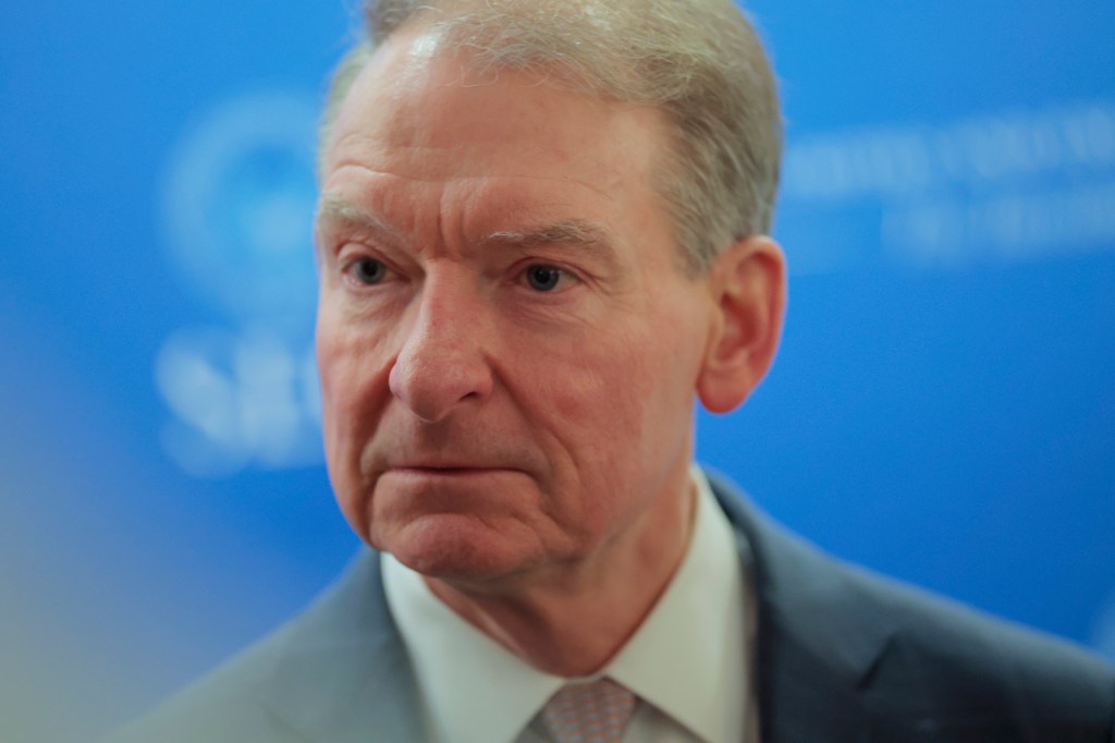 Securities and Exchange Commission Chairman Paul Atkins speaks to reporters after giving opening remarks at a roundtable with the SEC's Crypto Task Force at the Securities and Exchange Commission headquarters on April 25, 2025 in Washington, DC.