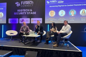 Panelists on stage at Fintech Connect 2025. From L to R: Lloyd Emmerson, Jaye Hackett, Maya Mehan, and Simon Lyons.