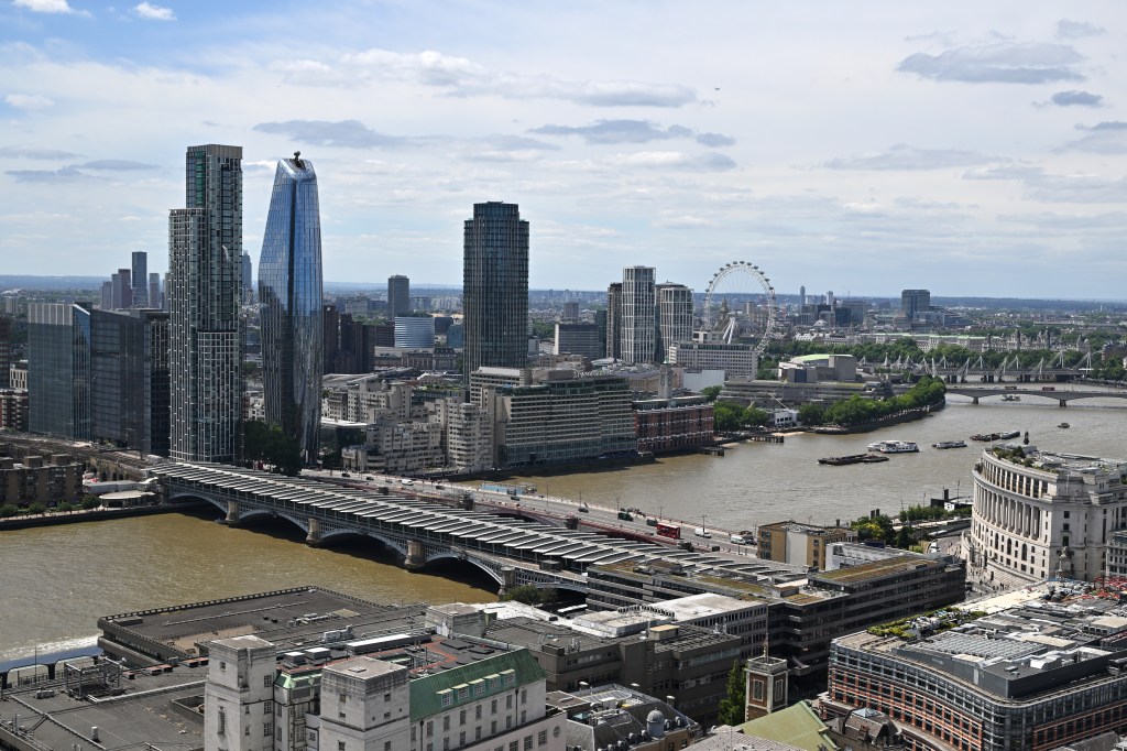 A general view of 240 Blackfriars and 255 Blackfriars Arbor office buildings, Opus 50-story in the Bankside Yards, One Blackfriars, Southbank Tower, Thirty Casson Square at Southbank Place residential apartment skyscraper buildings, Sea Containers London, London Eye, Blackfriars Bridge across the River Thames and Unilever House (Unilever Global Headquarters) on June 29, 2026 in London, England.