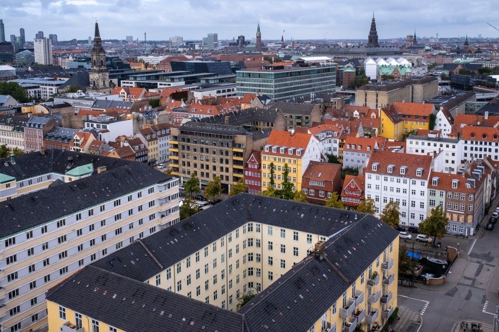 View of the city's residential buildings from the tower of the Church of Our Saviour in the Christianshavn district in Copenhagen.