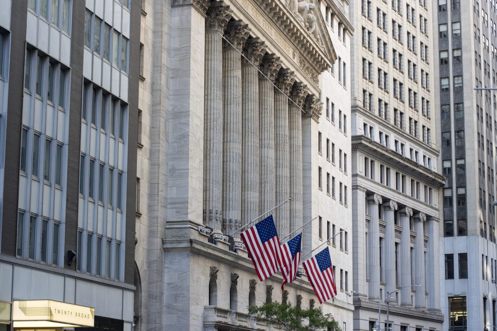 Exterior view of the New York Stock Exchange (NYSE) Building in the Financial District of Lower Manhattan in New York City.