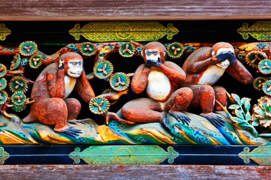 The 3 wise monkeys at Rinnoji temple Nikko, deriving from the 3 major principles of the Tendai sect, hear no evil, speak no evil, see no evil.