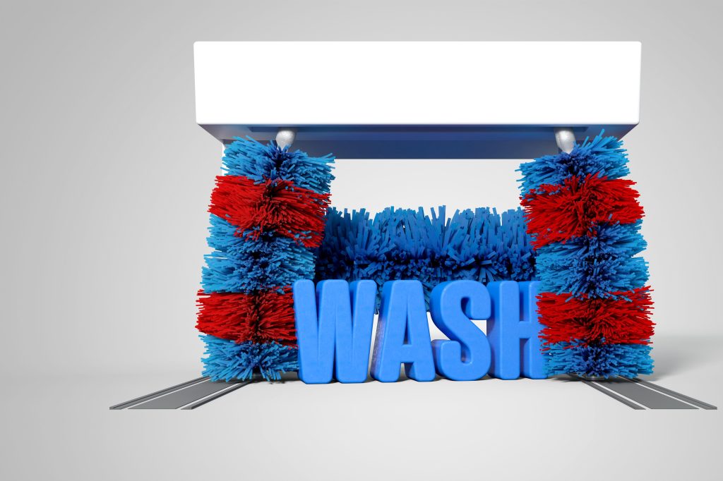 text Wash in the center of automatic car wash rollers - 3D rendering