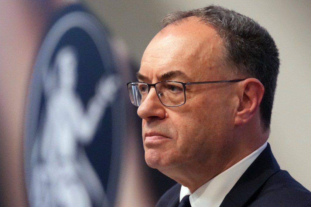 Bank of England Governor Andrew Bailey listens during the Monetary Policy Report Press Conference at the Bank of England