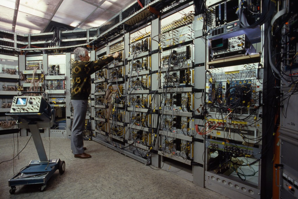 The cyclotron electronic and data-processing unit, or particle accelerator, of the Saturn Synchrotron at the Atomic Energy Center (CEA) in Saclay, France