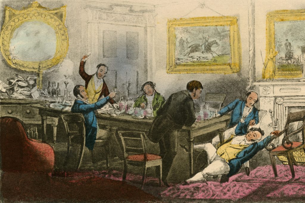 Lift me up! Tie me in my Chair! Fill my Glass!', 1838. Scene depicting one of the humorous adventures of Mr Jorrocks, a vulgar Cockney grocer who aspires to the sporting life in the country.