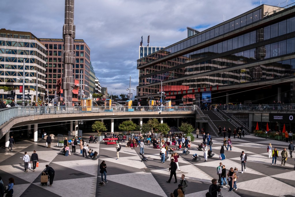View of Sergels Torg in the city's commercial center with people walking around on a somewhat overcast day on September 19, 2026 in Stockholm, Sweden