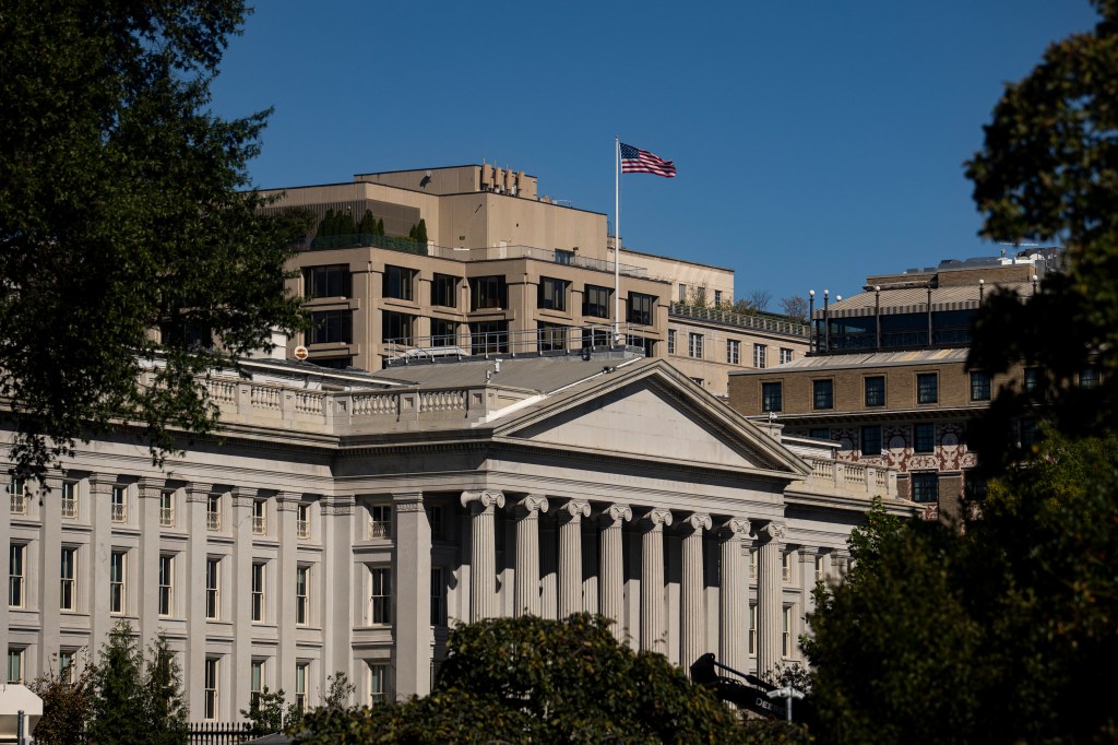 A photo of the facade of the US Treasury building in Washington, DC.