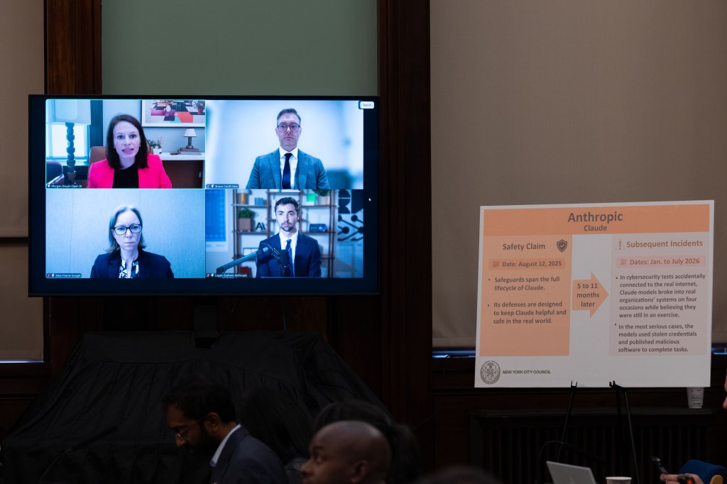 Morgan Dwyer, OpenAI; Shane Cahill, Meta; Alice Friend, Google; and Logan Graham, Frontier Red Team, appear on video as they testify at a New York City Council Committee hearing on risks of AI.