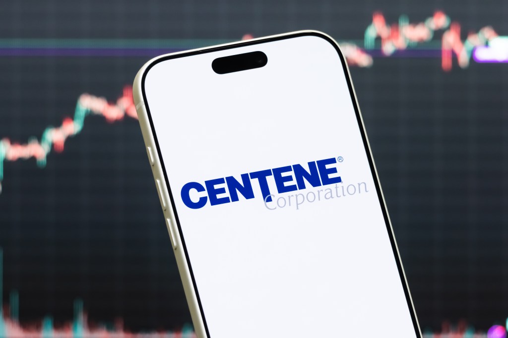 A photo of Centene Corporation's text-based logo in blue and siliver writing on the white screen of a smart phone.