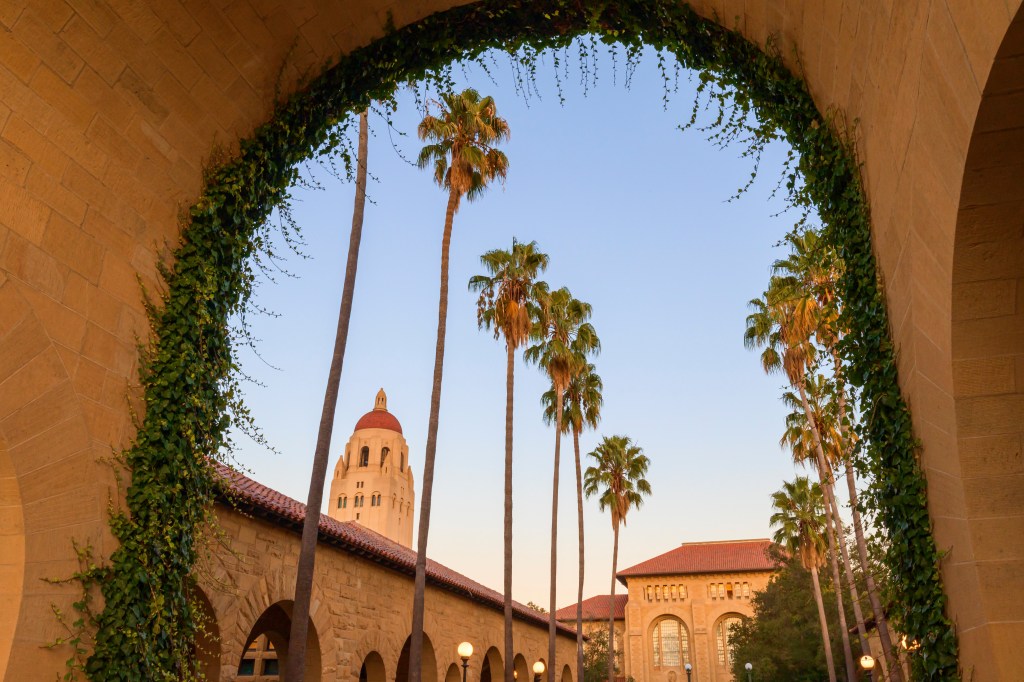 A general view of the Stanford University campus including Hoover Tower and Green Library