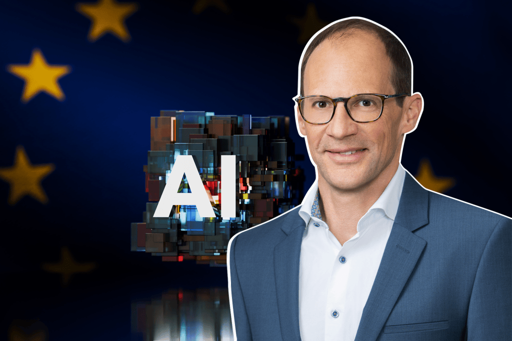 Montage with Dr Andreas Splittgerber with a EU flag and an AI logo in the background